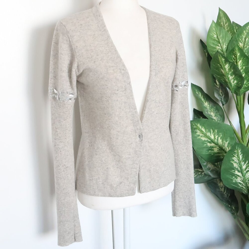 Birger et Mikkelsen Grey Lambs Wool Knit Rhinestone Gem Crystal Sweater Cardigan